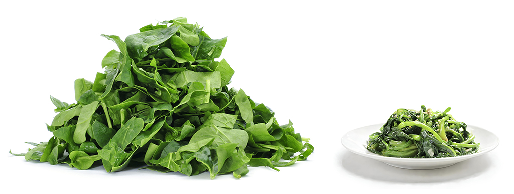 a large pile of raw spinach next to a smaller pile of cooked spinach on a white plate.